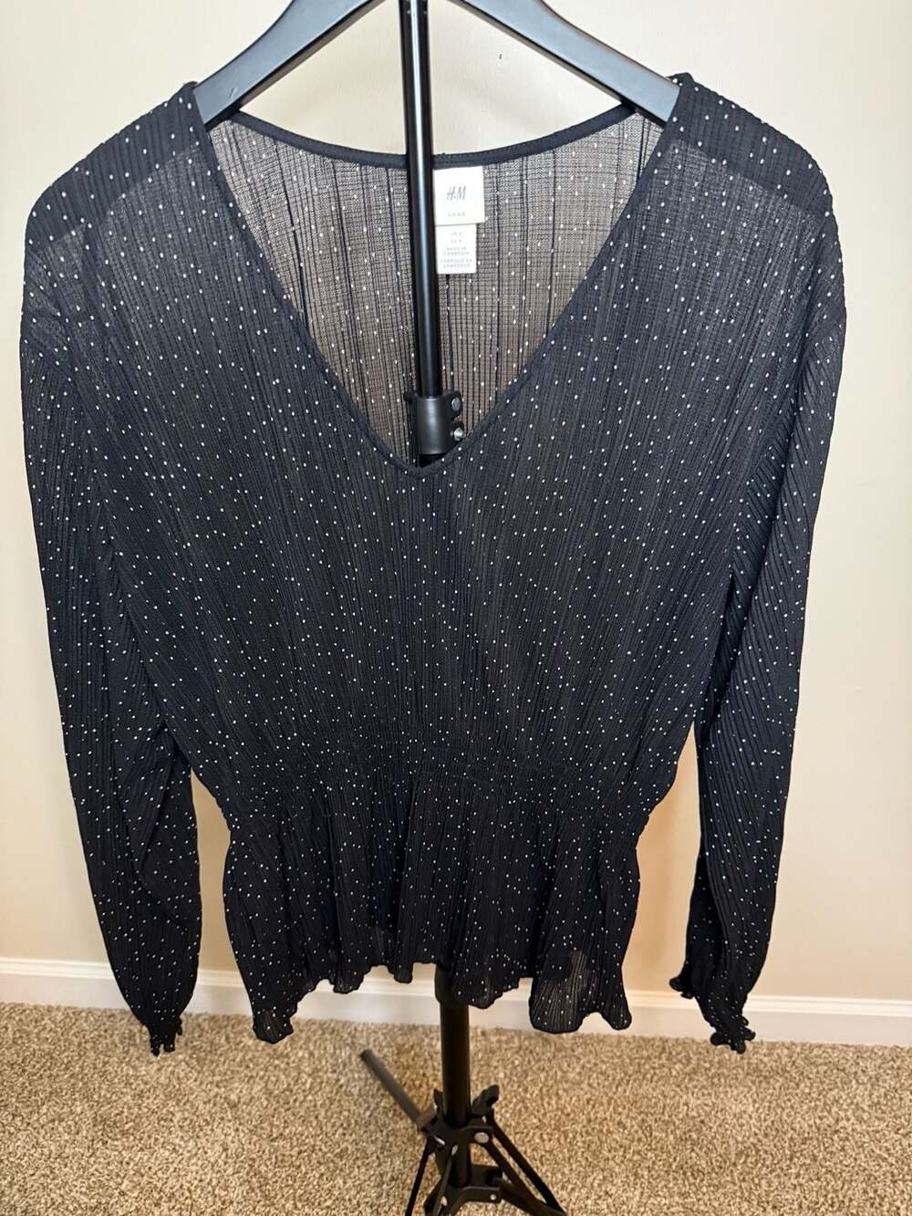 H&M Black Polka Dot Smocked Peplum Blouse Size S